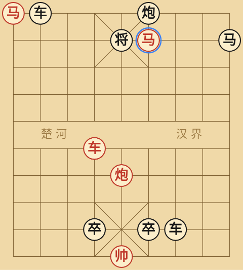 Position after Black's 20th half-move in the 士马如云 composition, one move before checkmate, Red horse about to deliver the final blow
